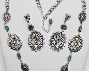 Turquoise Concho Necklace Set/Southwest Style Concho Necklace/Turquoise Necklace/Native American Style Concho Earrings/Concho Jewelry Gift