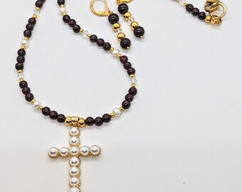 Garnet Pearl Cross Necklace/January Birthstone/Pearl Cross Necklace/Religious Cross Necklace/Valentines/Garnet Necklace/Easter Gift for Her