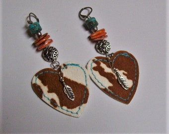 Western Jewelry Cowhide Earrings/Native American Style Turquoise Earrings/Spiny Oyster Earring/Cowgirl Heart Earrings/Feather Charm Earrings