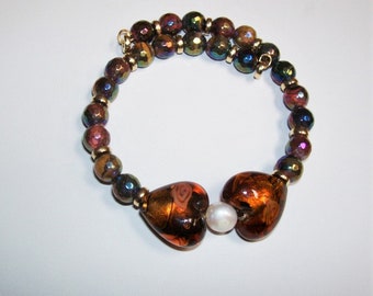 Fused Glass Hearts Memory Wire Bracelet/Mystic Tiger Eye Bracelet/Fused Glass Bracelet/Fused Glass and Pearl Bracelet