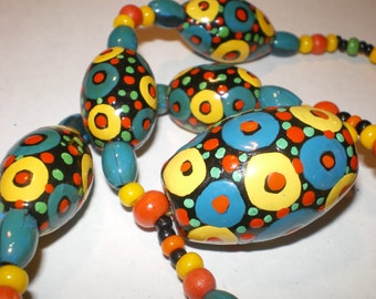 Vintage jaren 1970 HANDGESCHILDERDE kralen/OOAK/craft kralen/art supplies/sieraden maken kralen/psychedelisch design/blauw oranje geel zwart/grillig