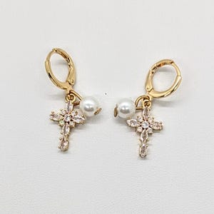 Cross Earrings/Crystal Cross and Pearl Earrings/Petite Cross Earrings/Huggie Style Cross Earrings/Huggie Pearl Earrings/Religious Jewelry