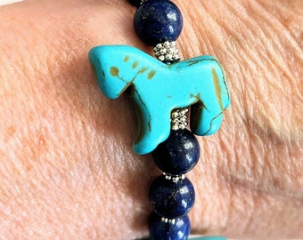 Bracelet et boucles d'oreilles poney du sud-ouest/Ensemble de bracelets extensibles turquoise en howlite et lapis-lazuli/Marine et turquoise/Ensemble de bijoux petit poney