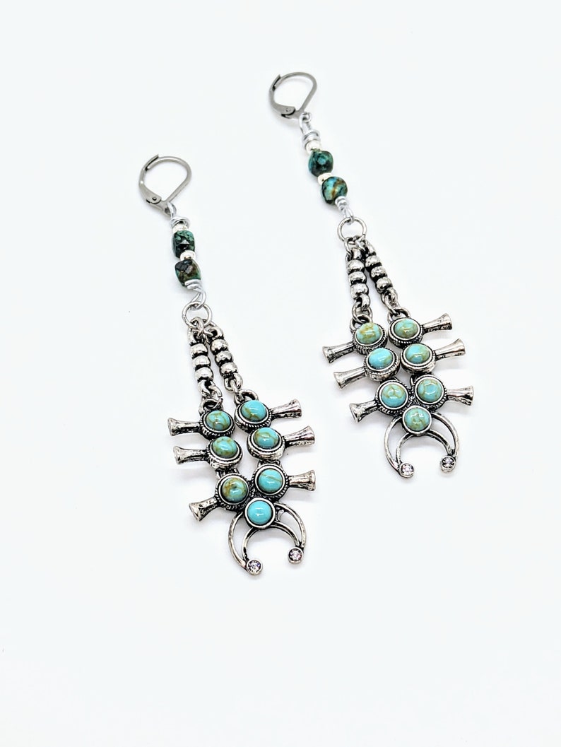 Southwest Squash Blossom Earrings/Turquoise Earrings/Native American Navajo Style Earrings/Cowgirl Earrings/Arizona Turquoise Earrings/Gift image 5
