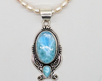 Collier Larimar/Collier de perles et de Larimar/Collier avec pendentif en Larimar/Collier cadeau fête des Mères/Larimar bleu océan/Pendentif Larimar en argent 2525