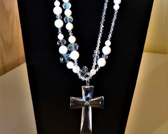 Crystal Cross Necklace/Beaded Cross Necklace/Religious Cross Necklace/Easter Gift for Her/Modern Swarovski Crystal Christian Cross Necklace/