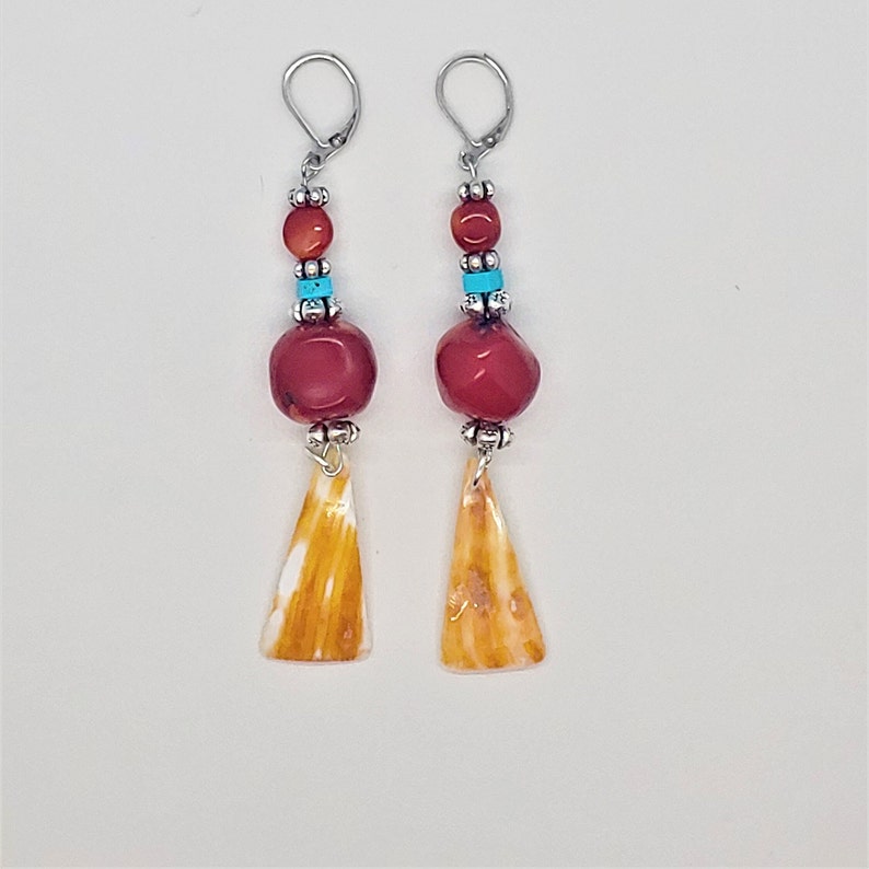 Coral and Turquoise Earrings/Western Jewelry/Native American Style Jewelry/Spiny Oyster Cowgirl Earrings/Navajo Style/Rodeo Coral earrings image 1