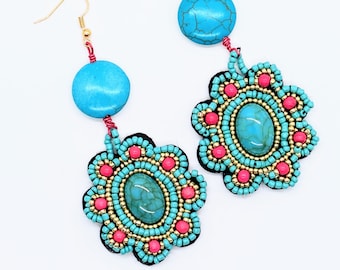 Southwest Style Turquoise Earrings/Turquoise Flower Earrings/Beaded Bo Ho Turquoise Howlite Earrings/Native American Style Beaded Earrings