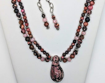 Pink and Black Rhodonite Tear Drop Pendant Necklace/Yin and Yang Emotional Healing Rhodonite and Rose Quartz Gemstone/Heart Chakra Gemstone