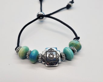 Southwest Leather Bracelet/Native American Style Bracelet/Western Jewelry/Leather Bracelet/Turquoise Color Ceramic Bead Leather Bracelet