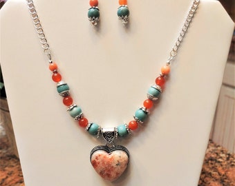 Sunstone Heart Pendant Necklace/Sunstone Gemstone Necklace with Earrings/Ocean Jasper and Carnelian Pendant Necklace and Earrings/For Her