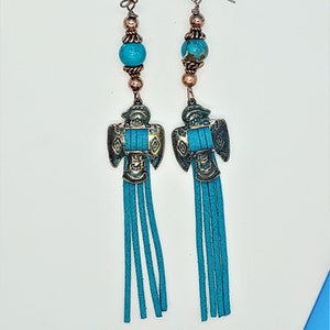 Western Jewelry/Thunderbird Earrings/Navajo Style Thunderbird Earrings/Turquoise Earrings/Suede Western Earrings/Copper Thunderbird Earrings
