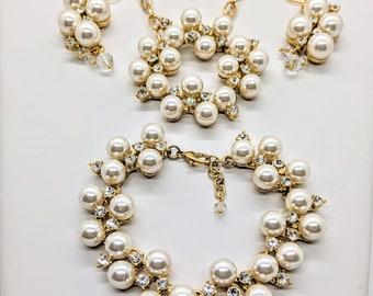 Faux Perle und Kristall Halskette/Formales Perlen Set/Halskette Armband Ohrring Set/Weiß und Gold Schmuck/Vintage 3-teiliges Schmuckset/Geschenk