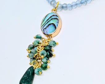 Aquamarine Beaded Necklace with Abalone, Aventurine, and Jade