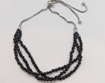 Black Spinel Sterling Silver Bolo Bracelet - Adjustable Friendship Jewelry