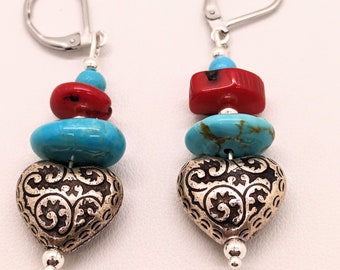 Southwest Turquoise and Coral Earrings/Valentines Turquoise Earrings/Native American Style Turquoise Earrings/Heart Earrings/Valentine Gift