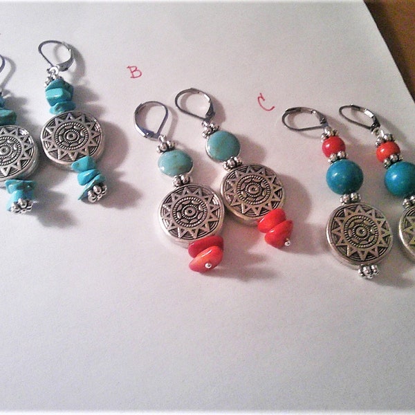 Bijoux occidentaux/Boucles d'oreilles turquoise/Boucles d'oreilles style Navajo/Boucles d'oreilles style amérindien/Boucles d'oreilles corail turquoise/Charme soleil amérindien