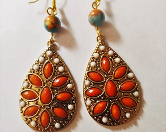 Southwestern Cowgirl Earrings/Western Jewelry/Arizona Bo Ho Earrings/Turquoise and Orange Navajo Style Teardrop Earrings/Fiesta Earrings