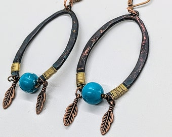 Boucles d'oreilles pendantes turquoise Style sud-ouest/Boucles d'oreilles style Navajo/Boucles d'oreilles Style amérindien/Boucles d'oreilles plumes sud-ouest en cuivre oxydé