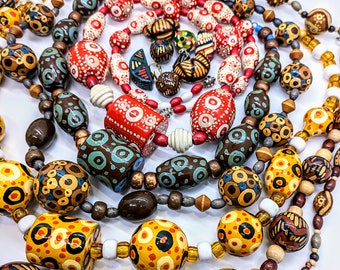 Vintage 1980 Hand Painted Wooden Beads/Recycle Upcycle Jewelry Making Beads/Crafting Beads/Vintage Bead Supply/Bo Ho Design Wooden Beads
