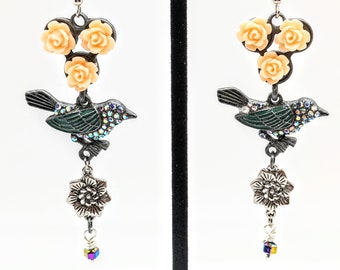 Antique Floral Earrings/Rose Dangle Earrings/Crystal Bird Earrings/Gift for Her/Romantic Bo Ho Bird Earrings/Nostalgic classic Jewelry