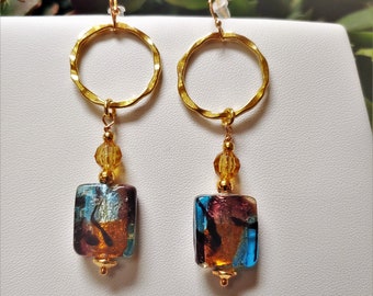 Dichroic Fused Glass Earrings/Gold Dangle Fused Glass Earrings/Fused Glass and Crystal Earrings/All Occasion Gift for Her/