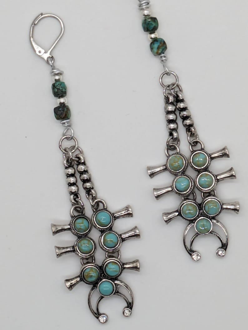 Southwest Squash Blossom Earrings/Turquoise Earrings/Native American Navajo Style Earrings/Cowgirl Earrings/Arizona Turquoise Earrings/Gift image 4