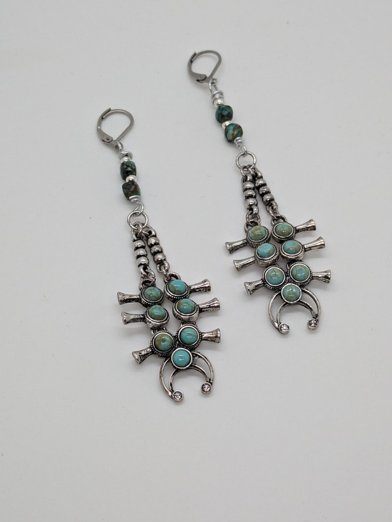 Southwest Squash Blossom Earrings/Turquoise Earrings/Native American Navajo Style Earrings/Cowgirl Earrings/Arizona Turquoise Earrings/Gift image 2