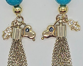 Hamsa Tassel Earrings/Judaica Earrings/Evil Eye Earrings/Turquoise Tassel Earrings/Gold Good Luck Tassel Earrings/Gift for Her/Birthday Gift