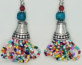 Western Jewelry/Native American Seed Bead Earrings/Fiesta Turquoise Earrings/Multi-Color Earrings/Cowgirl Jewelry/Southwest Style Seed Beads