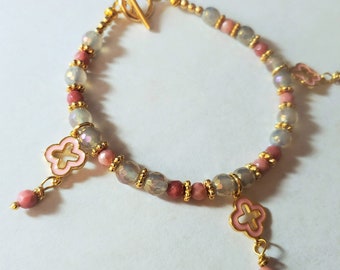 Alhambra Clover Designer Style Bracelet / Rhodochrosite et Bracelet en cristal chinois / Bracelet de style Alhambra / Bracelet en pierre précieuse Clover Charm