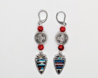 Native American Arrowhead style Earrings/Navajo Arrowhead Southwest style Earrings/Red Coral Arrowhead Earrings/Desert Southwest Earrings