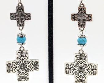 Southwest Style Cross Earrings/Native American Navajo Western Style Cross with Turquoise Howlite Accent/Santa Fe Turquoise Cross Earrings