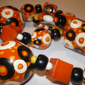 Vintage 1970s HAND PAINTED Beads/OOAK/Halloween Colors/ Orange Yellow Black Beads/Kids Art Project/Crafting Supplies/Jewelry Making Beads