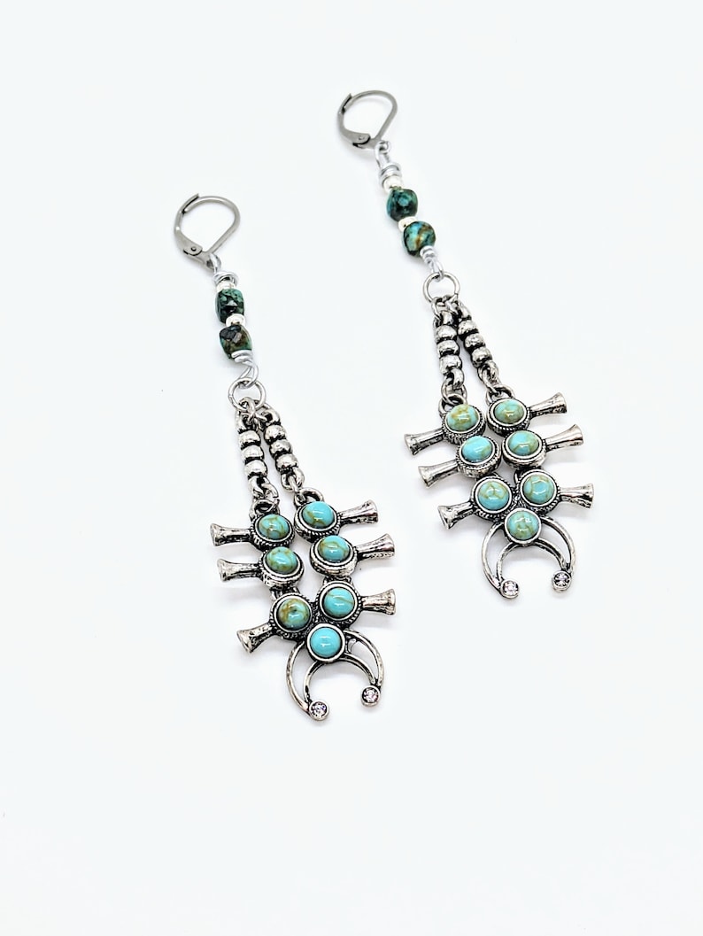 Southwest Squash Blossom Earrings/Turquoise Earrings/Native American Navajo Style Earrings/Cowgirl Earrings/Arizona Turquoise Earrings/Gift image 1