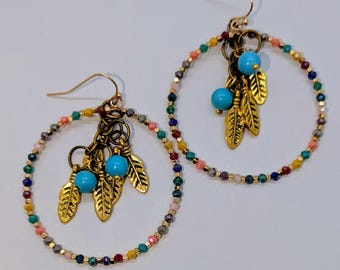 Feather Hoop Earrings, Turquoise Bead, Southwest Style