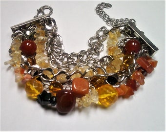 Bracelet de chaîne de cornaline de citrine / Onyx Cornaline Multi Brin et bracelet de chaîne / Bracelet de pierre précieuse d’agate rouge orange / Bracelet multi-chaînes / Cadeau