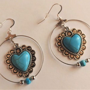 Western Jewelry/Turquoise Heart Dangle Hoop Earrings/Native American Dangle Earrings/Turquoise Hoop Earrings/Turquoise Earrings/Gift for Her