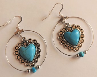 Westerse sieraden / turquoise hart bungel hoepel oorbellen / native american bengel oorbellen / turquoise hoepel oorbellen / turquoise oorbellen / cadeau voor haar