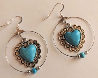 Bijoux occidentaux / Boucles d’oreilles Turquoise Heart Dangle Hoop / Boucles d’oreilles Amérindiennes Dangle / Boucles d’oreilles Turquoise / Boucles d’oreilles turquoise / Cadeau pour elle