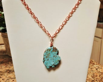 Turquoise Howlite Slab Pendant Necklace/Southwestern Style Howlite Turquoise Necklace/ Desert Southwest Turquoise Rose Gold Chain Necklace
