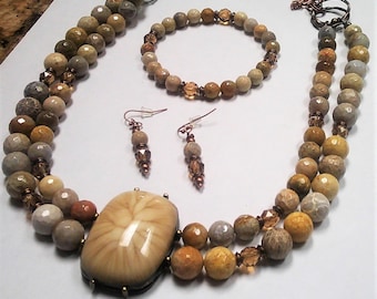 Fossile Korallen Schmuck Set: Achat Halskette, Armband, Ohrringe