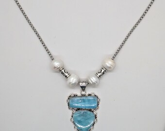 Larimar Pendant Necklace, Sterling Silver, Freshwater Pearls