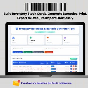 Op de afbeelding: Een laptopscherm toont een inventarisbeheertool met de tekst "Inventory Recording & Barcode Generator Tool". De interface toont gegevens en de tekst "Build Inventory Stock Cards, Generate Barcodes, Print, Export to Excel, Re Import Effortlessly" is zichtbaar.