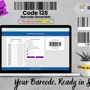 May include: A laptop screen shows a Code 128 Barcode Generator interface. The image includes the text "Easy to Use", "No setup, instant use", and "Your Barcode, Ready in Seconds". Additional elements include a readable barcode example and a user-friendly icon.