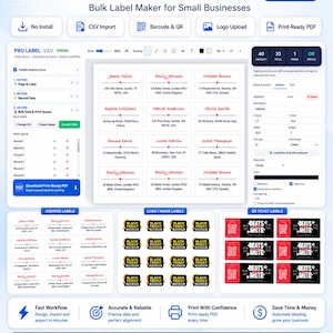 May include: A digital interface for label creation, featuring the text "PRO LABEL ENGINE V3.0." The interface includes options for CSV import, barcode generation, and logo upload. It showcases address, logo, and QR ticket label examples. The interface is designed for small businesses.
