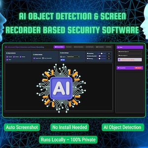 Op de afbeelding: Een digitale afbeelding die AI-objectdetectie en schermrecorder-beveiligingssoftware promoot. De interface wordt weergegeven op een donkere achtergrond met de tekst "AI OBJECT DETECTION & SCREEN RECORDER BASED SECURITY SOFTWARE". De software-interface heeft een paars en zwart kleurenschema.