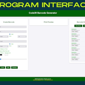 K&ouml;nnte beinhalten: Eine Programmoberfl&auml;che f&uuml;r einen Code39-Barcode-Generator. Die Oberfl&auml;che umfasst Bereiche zum Erstellen von Barcodes, eine Druckvorschau und einen Barcode-Verlauf. Der Text "PROGRAM INTERFACE" steht oben.