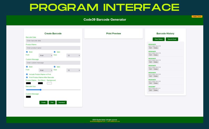 K&ouml;nnte beinhalten: Eine Programmoberfl&auml;che f&uuml;r einen Code39-Barcode-Generator. Die Oberfl&auml;che umfasst Bereiche zum Erstellen von Barcodes, eine Druckvorschau und einen Barcode-Verlauf. Der Text "PROGRAM INTERFACE" steht oben.