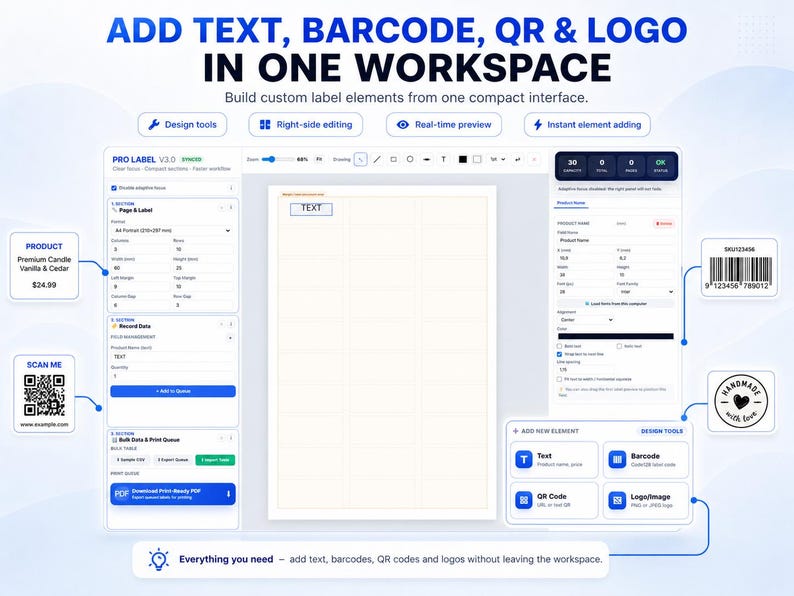 Barcode Designer Interface Bulk Label Maker Software, Barcode QR Code Generator, CSV Import PDF ...